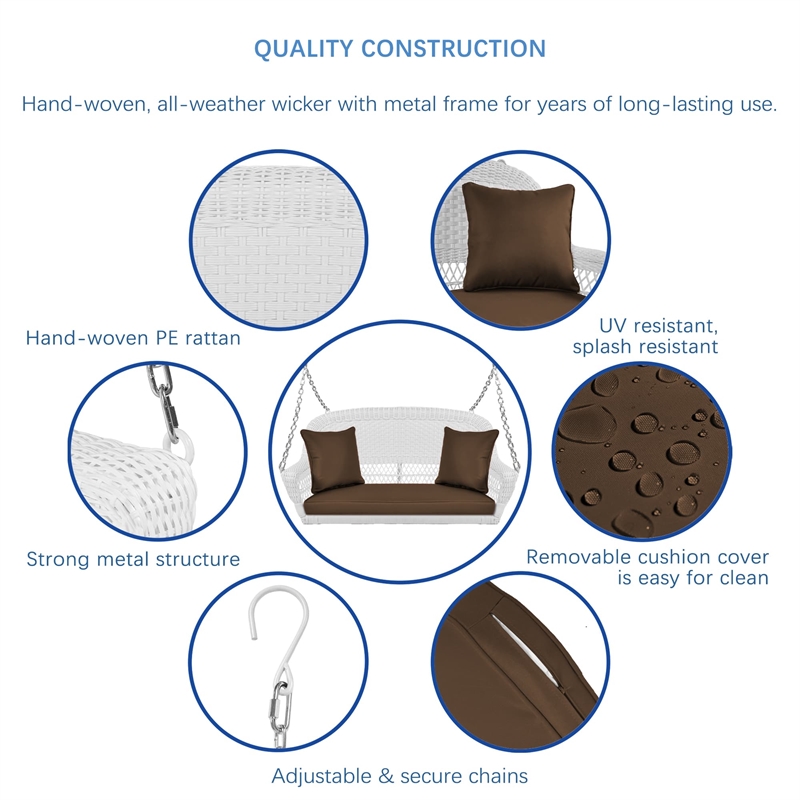 Jeco Wicker Porch Swing in White with Brown Cushion