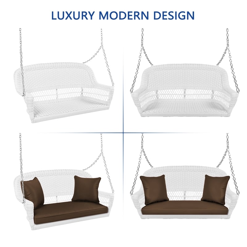 Jeco Wicker Porch Swing in White with Brown Cushion