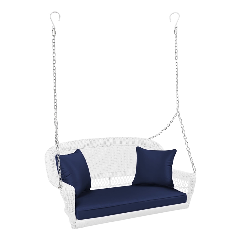 Jeco Wicker Porch Swing in White with Blue Cushion