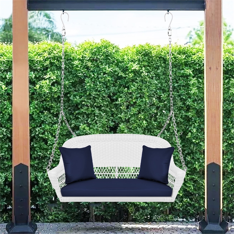 Jeco Wicker Porch Swing in White with Blue Cushion