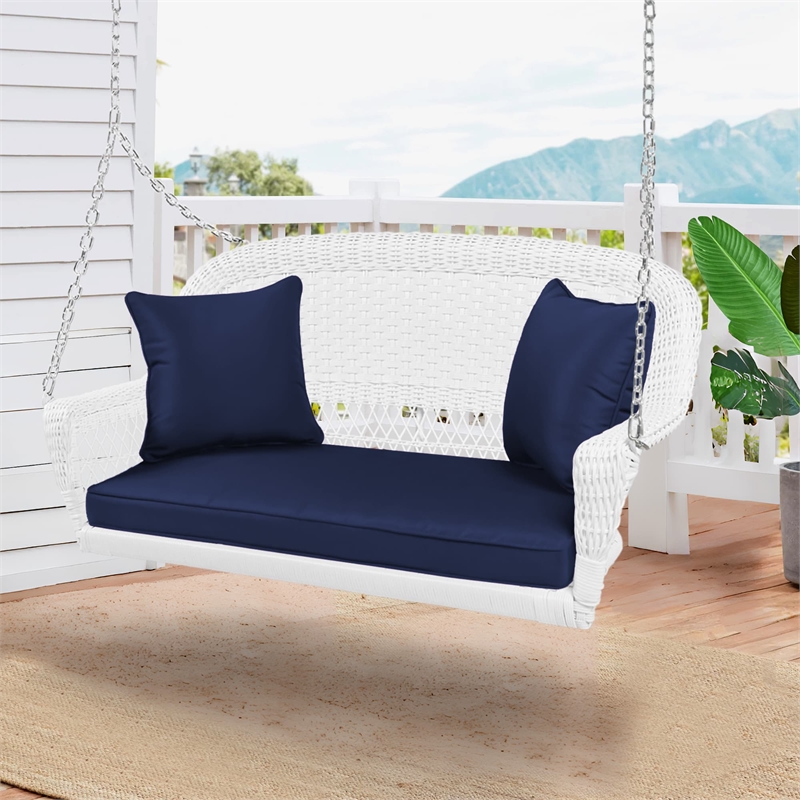 Jeco Wicker Porch Swing in White with Blue Cushion