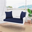 Jeco Wicker Porch Swing in White with Blue Cushion