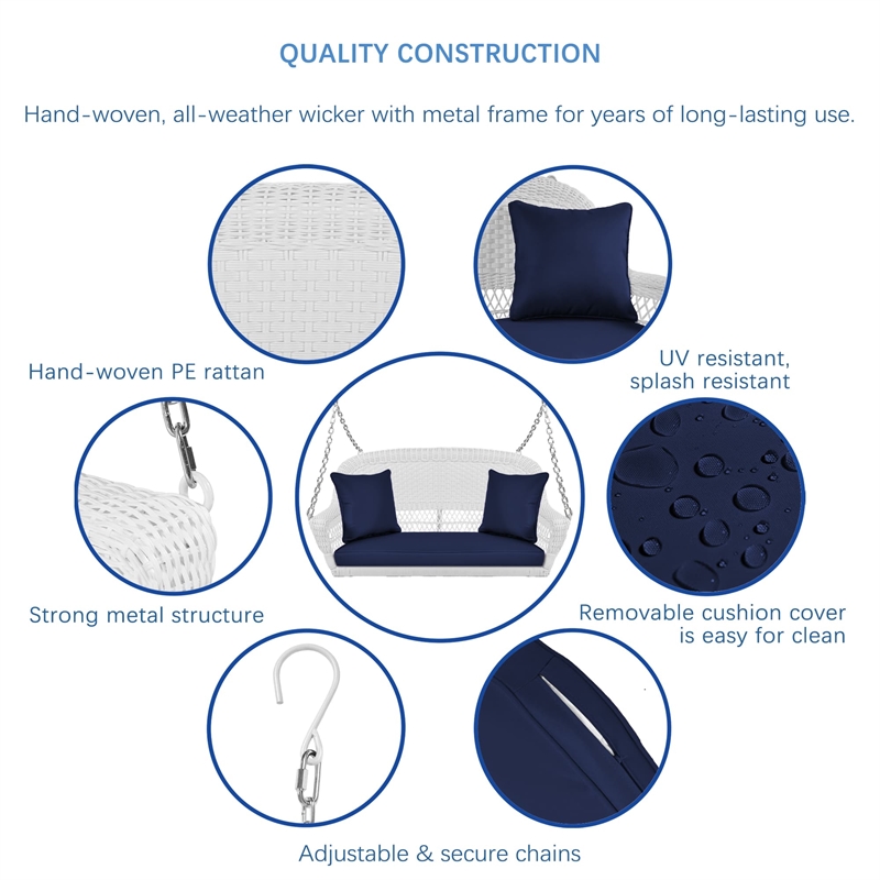 Jeco Wicker Porch Swing in White with Blue Cushion