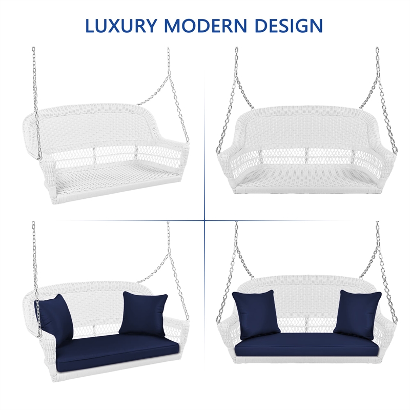Jeco Wicker Porch Swing in White with Blue Cushion