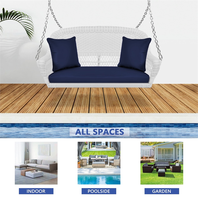 Jeco Wicker Porch Swing in White with Blue Cushion