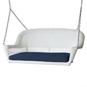 Jeco Wicker Porch Swing in White with Blue Cushion