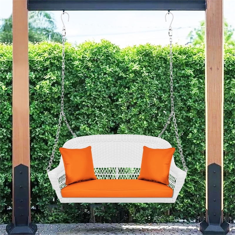 Jeco Wicker Porch Swing in White with Orange Cushion