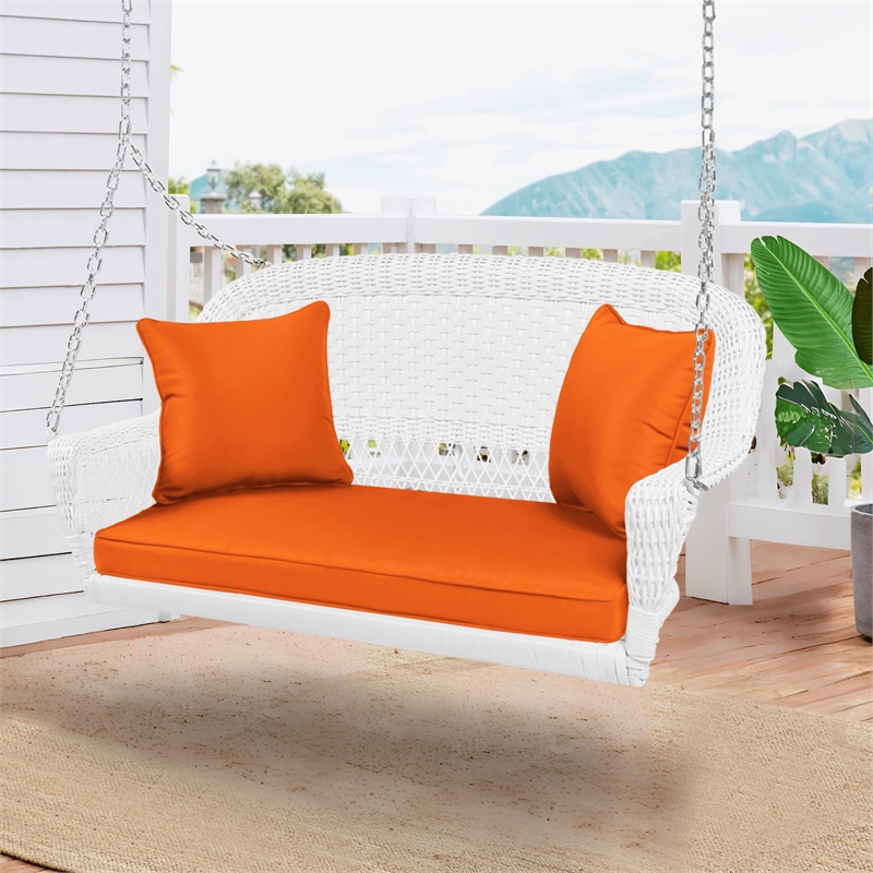 Jeco Wicker Porch Swing in White with Orange Cushion