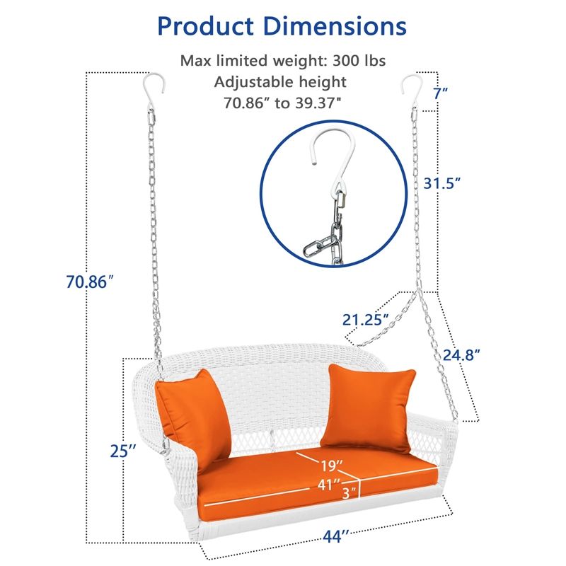 Jeco Wicker Porch Swing in White with Orange Cushion