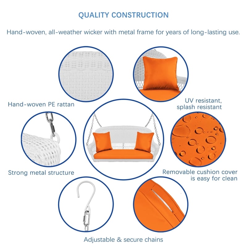 Jeco Wicker Porch Swing in White with Orange Cushion