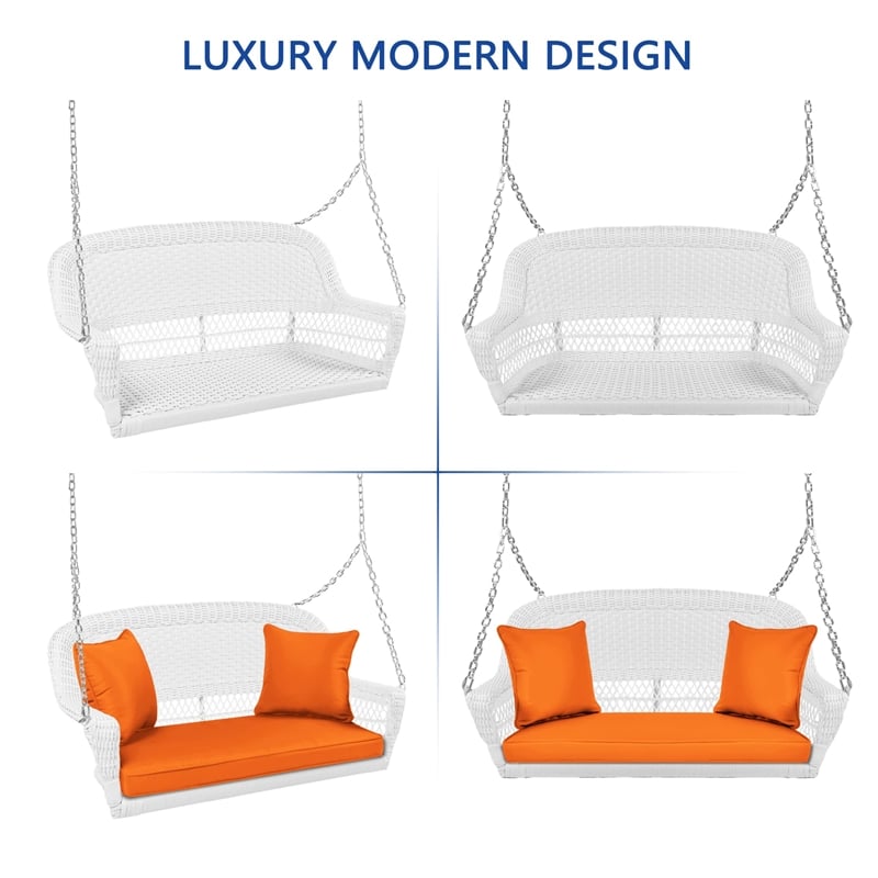 Jeco Wicker Porch Swing in White with Orange Cushion
