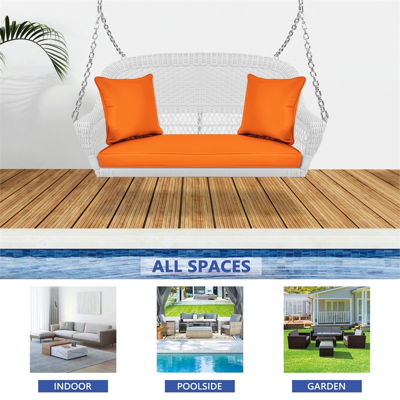 Jeco Wicker Porch Swing in White with Orange Cushion