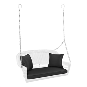 Jeco Wicker Porch Swing in White with Black Cushion