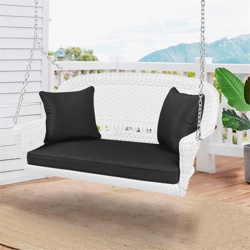 Jeco Wicker Porch Swing in White with Black Cushion