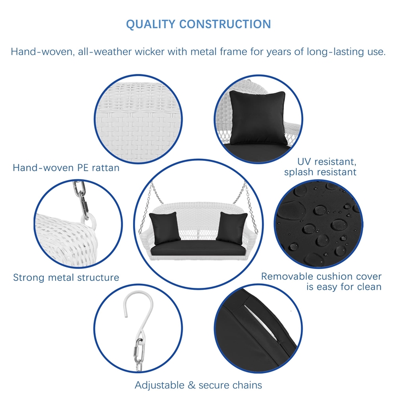 Jeco Wicker Porch Swing in White with Black Cushion