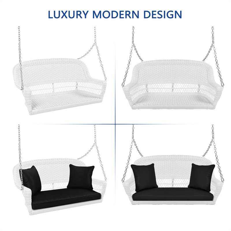 Jeco Wicker Porch Swing in White with Black Cushion