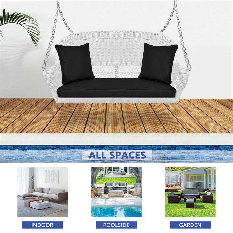 Jeco Wicker Porch Swing in White with Black Cushion