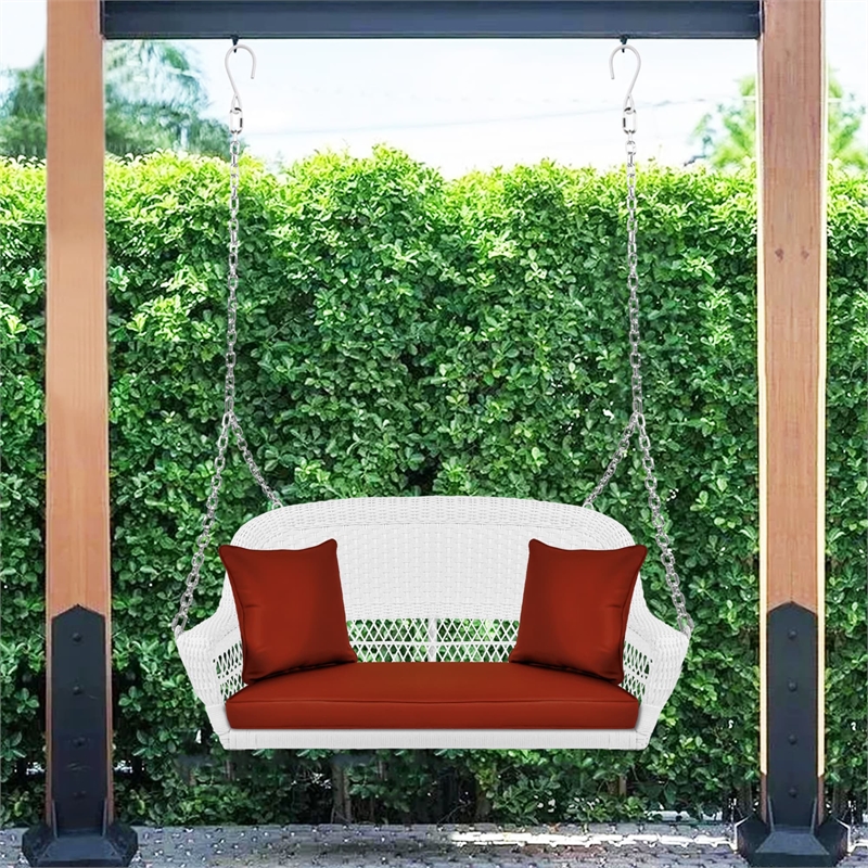 Jeco Resin Wicker Porch Swing with Cushion in White and Red