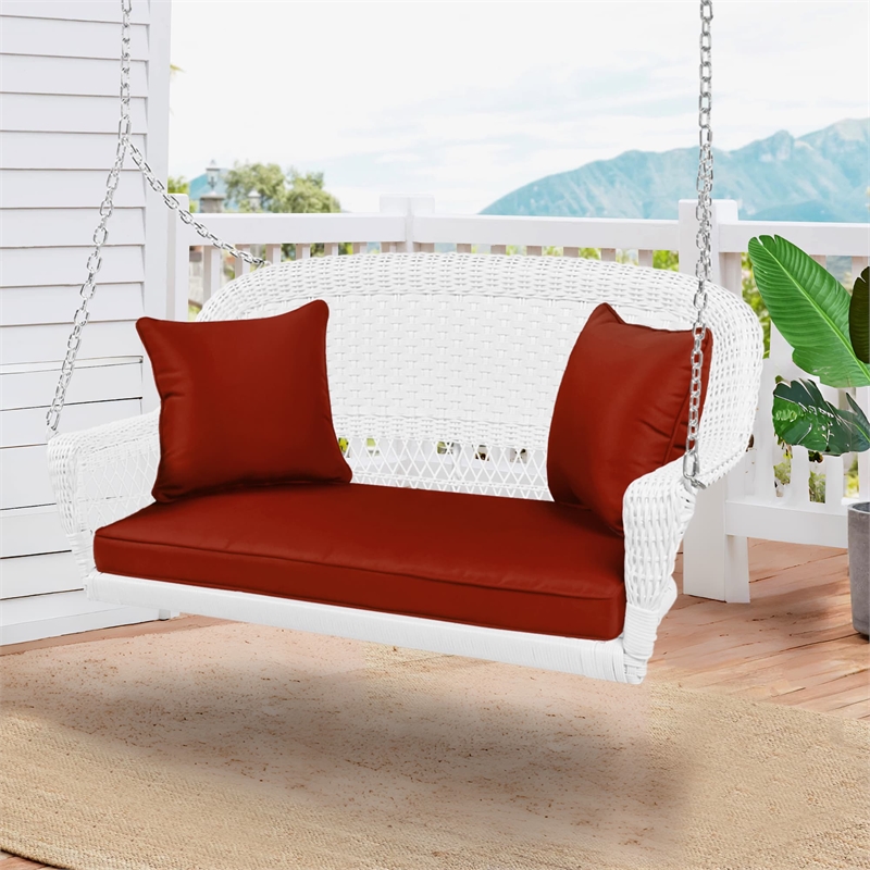 Jeco Resin Wicker Porch Swing with Cushion in White and Red