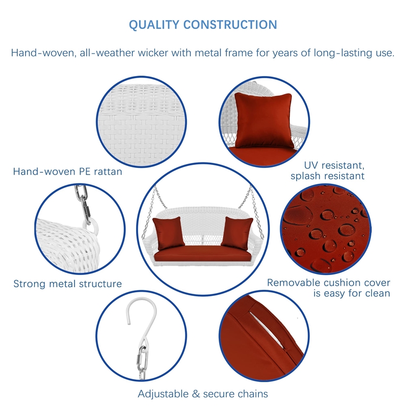 Jeco Resin Wicker Porch Swing with Cushion in White and Red