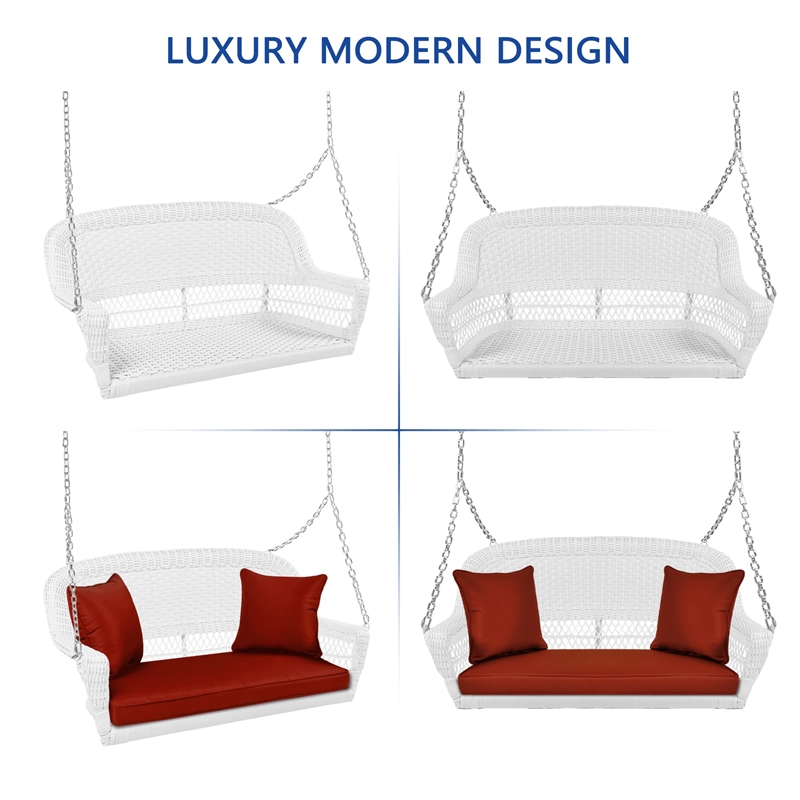 Jeco Resin Wicker Porch Swing with Cushion in White and Red