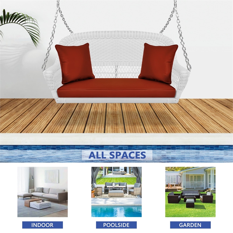 Jeco Resin Wicker Porch Swing with Cushion in White and Red