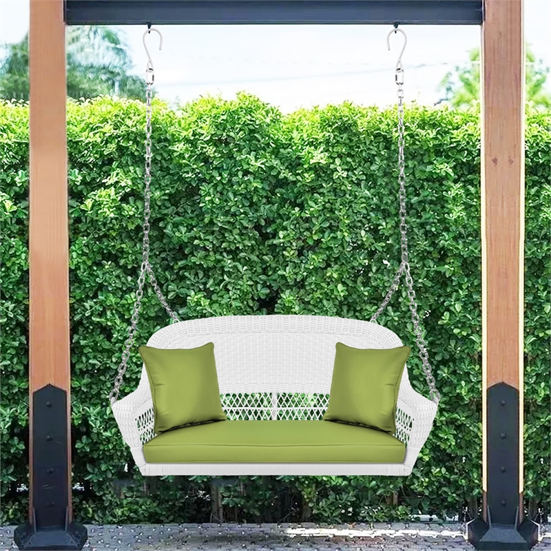 Jeco Wicker Porch Swing in White with Green Cushion
