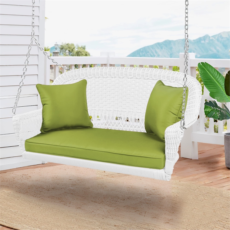 Jeco Wicker Porch Swing in White with Green Cushion
