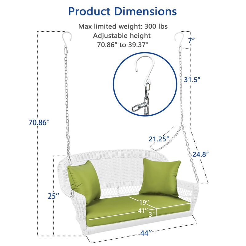 Jeco Wicker Porch Swing in White with Green Cushion