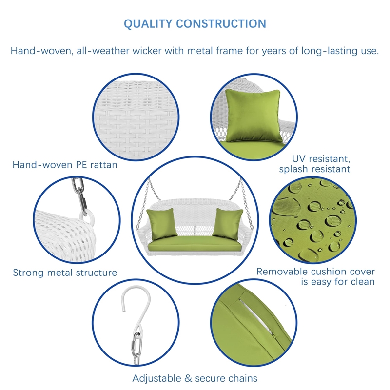 Jeco Wicker Porch Swing in White with Green Cushion