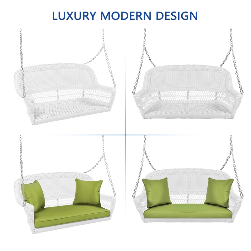 Jeco Wicker Porch Swing in White with Green Cushion