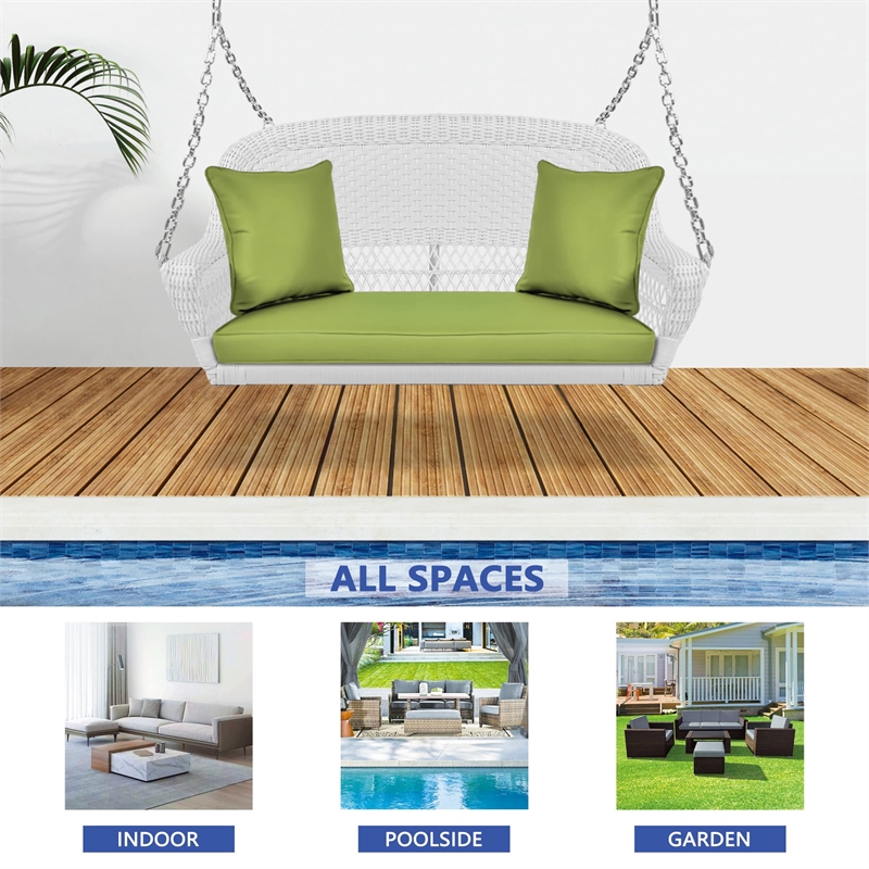 Jeco Wicker Porch Swing in White with Green Cushion