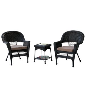 Jeco 3 Piece Wicker Conversation Set in Black with Brown Cushions