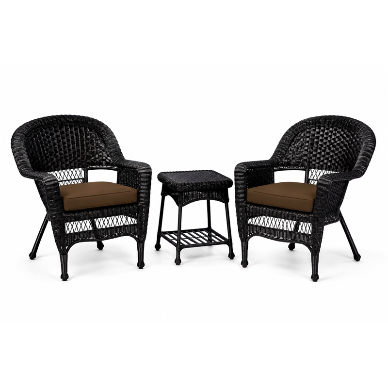 Black Resin Wicker Chair And End Table Set With Brown Cushion - 3pc Set