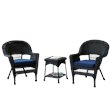 Jeco 3 Piece Wicker Conversation Set in Black with Blue Cushions