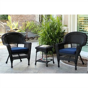 Jeco 3 Piece Wicker Conversation Set in Black with Blue Cushions