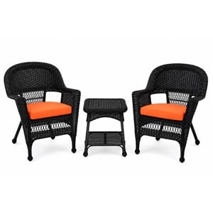 Black Resin Wicker Chair And End Table Set - With Orange Cushion