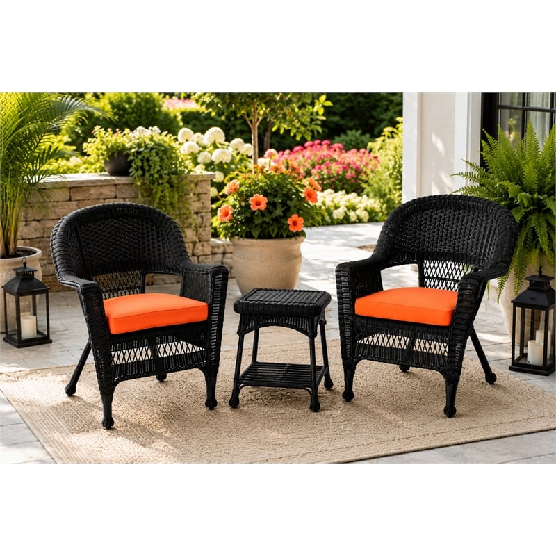 Black Resin Wicker Chair And End Table Set - With Orange Cushion