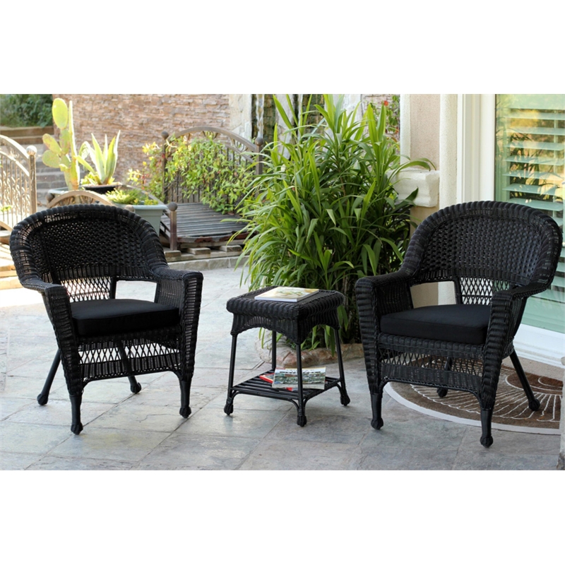 Jeco 3 Piece Wicker Conversation Set with Black Cushions