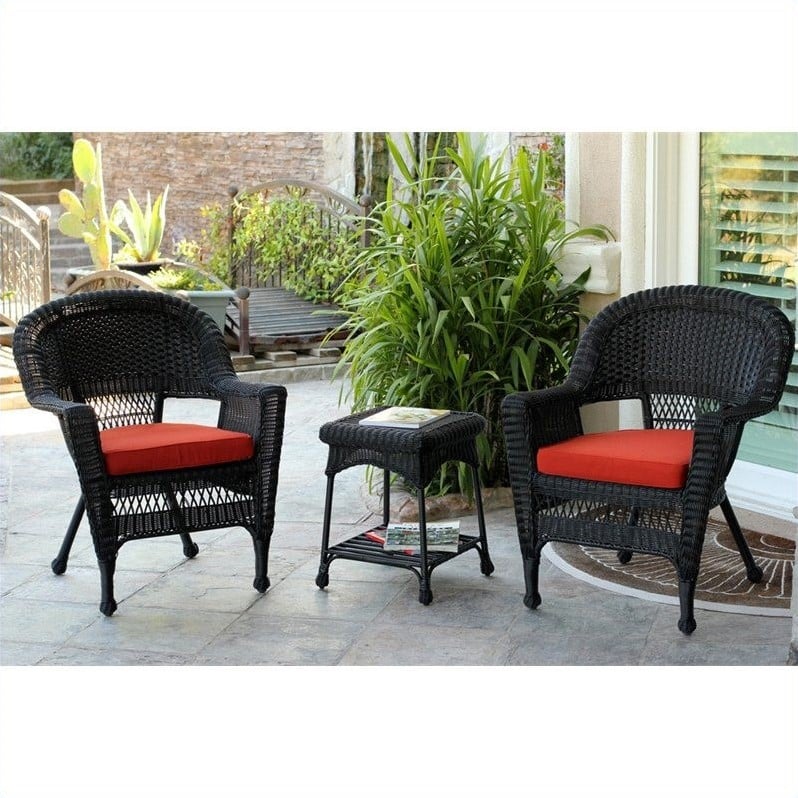 Jeco 3 Piece Wicker Conversation Set In Black With Red Orange Cushions W00207 2 Ces018