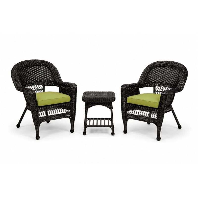 Black Resin Wicker Chair And End Table Set With Sage Green Cushion - 3pc Set