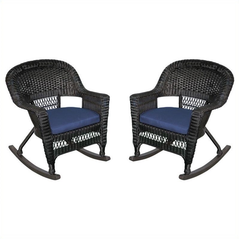 Jeco Wicker Chair in Black with BlueCushion (Set of 4)