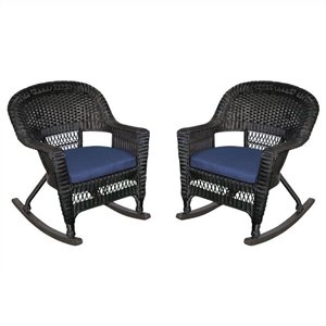 Jeco Wicker Chair in Black with BlueCushion (Set of 4)
