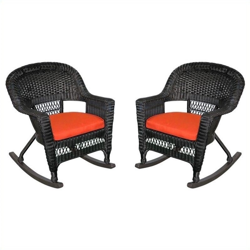 Jeco Wicker Chair in Black with Red Orange Cushion (Set of 4)