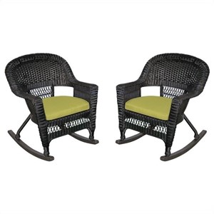 Jeco Wicker Chair in Black with Green Cushion (Set of 4)