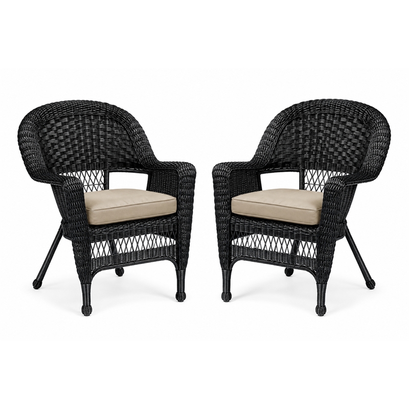 Black Resin Wicker Chair With Tan Cushion - Set of 2