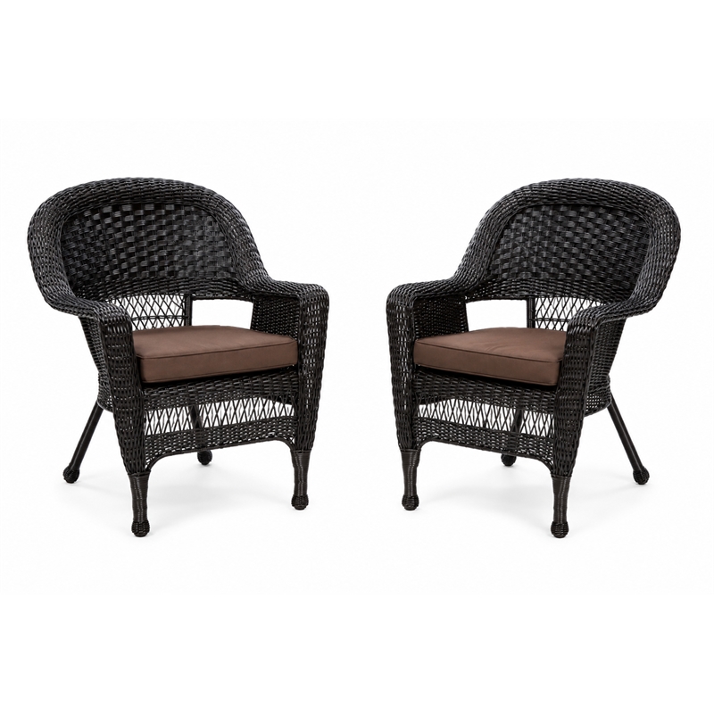 Black Resin Wicker Chair With Brown Cushion - Set of 2
