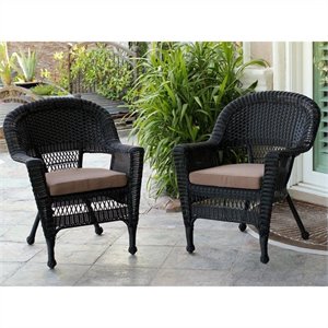 Jeco Wicker Chair in Black with Brown Cushion (Set of 2)