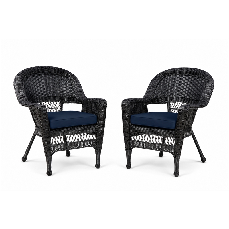 Black Resin Wicker Chair With Midnight Blue Cushion - Set of 2