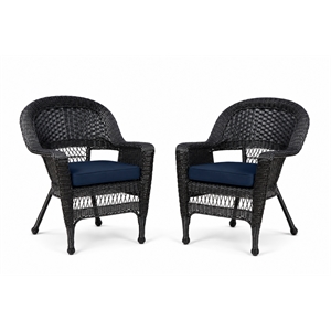 Black Resin Wicker Chair With Midnight Blue Cushion - Set of 2
